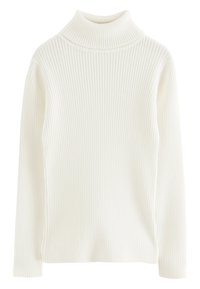 Pull à col roulé blanc côtelé en tissu doux, avec des manches longues et une coupe ajustée dotée d'un col haut.