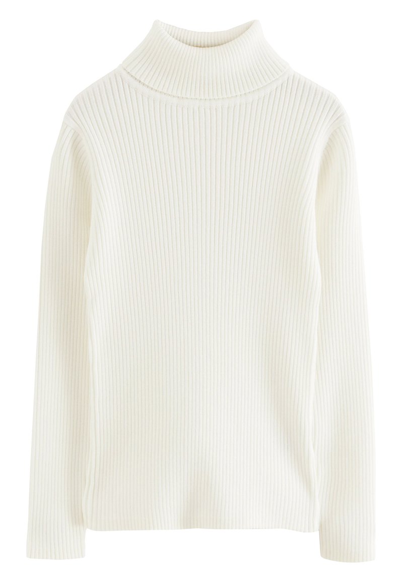 Pull à col roulé blanc côtelé en tissu doux, avec des manches longues et une coupe ajustée dotée d'un col haut.