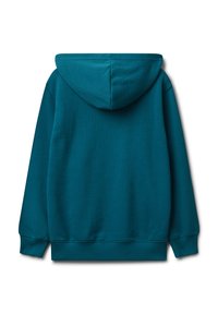 Teal modrá mikina s kapucí zobrazená zezadu s dlouhými rukávy, žebrovanými manžetami a lemem na bílém pozadí.
