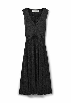 Sleeveless black ribbed knit dress with V-neck, fitted waist, and midi-length flared skirt, displayed flat.