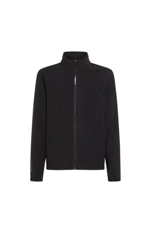 Black fleece jacket with full zip, high collar, and long sleeves. Features logo on the chest and left sleeve. Smooth fabric texture.