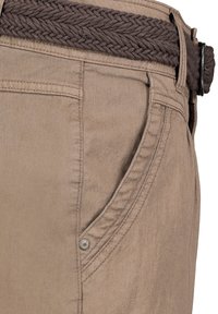 Beige pants with a soft texture, featuring a braided brown belt, side pocket with a metal button, and detailed stitching along the seams.