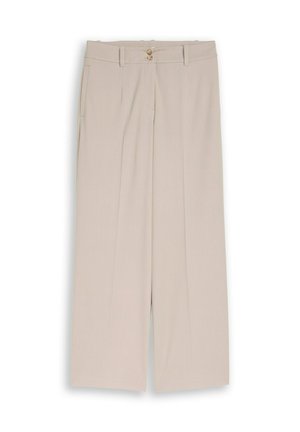 Beżowe spodnie o szerokich nogawkach z bocznymi kieszeniami, szlufkami na pasek i podwójnym zapięciem na guziki w pasie, wykonane z gładkiej tkaniny.