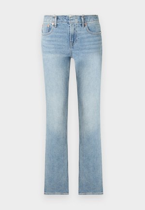 Gaiši zilas augsta jostasvietas džinsa bikses ar taisnu kājas griezumu, priekšējām kabatām, jostas cilpām un vara naglu detaļām.