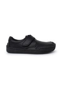 Zwarte leren schoenen met een ronde vorm, uitgerust met een klittenbandsluiting en een geribbelde rubberen zool voor grip. Geen zichtbare patronen of accenten.