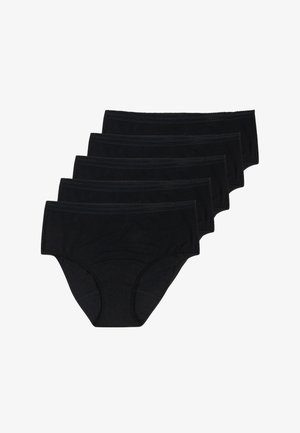 Culottes en coton noir vendues par lot de cinq, présentant un design sans coutures, une ceinture élastique et une texture lisse avec une forme classique couvrante.
