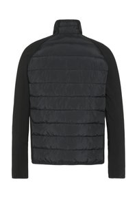 Black jacket featuring a puffy insulated design with horizontal stitching on the back and fitted black sleeves, high collar.