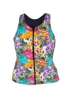 Tanktopt met bloemenpatroon en zwarte ritssluiting, met levendige kleuren zoals roze, oranje en blauw op een witte achtergrond. Soepele stof.