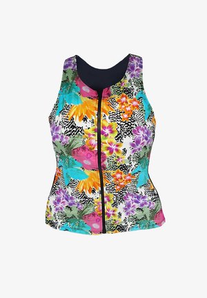 Tanktopt met bloemenpatroon en zwarte ritssluiting, met levendige kleuren zoals roze, oranje en blauw op een witte achtergrond. Soepele stof.