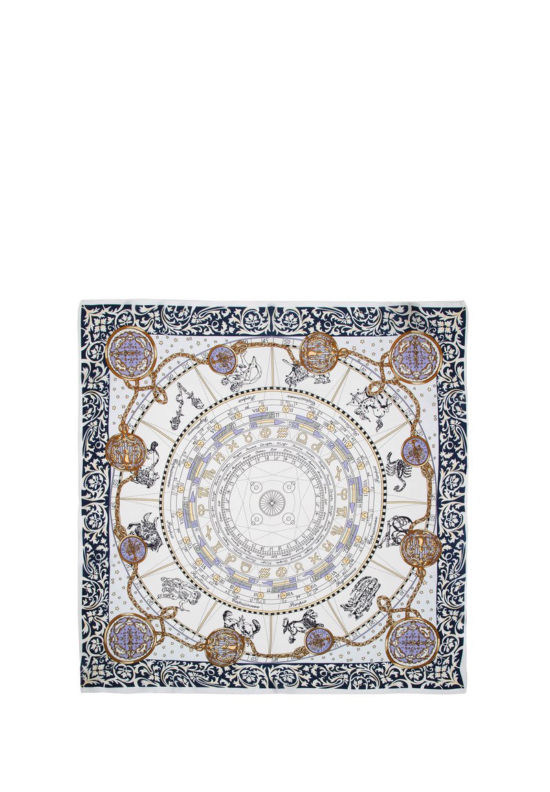 Vierkante zijden sjaal met een hemels ontwerp in het wit, marineblauw en goud. Gedetailleerd met astrologische symbolen en ingewikkelde patronen.