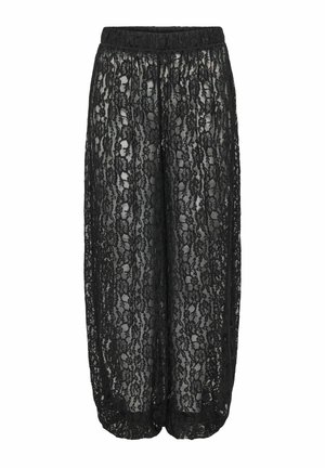 Pantalon large noir avec superposition de dentelle florale, taille et poignets élastiques, design semi-transparent.