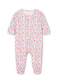 Une combinaison florale rose à manches courtes, ornée de petites fleurs rouges et bleues sur un fond clair, avec une fermeture à pression sur le devant.