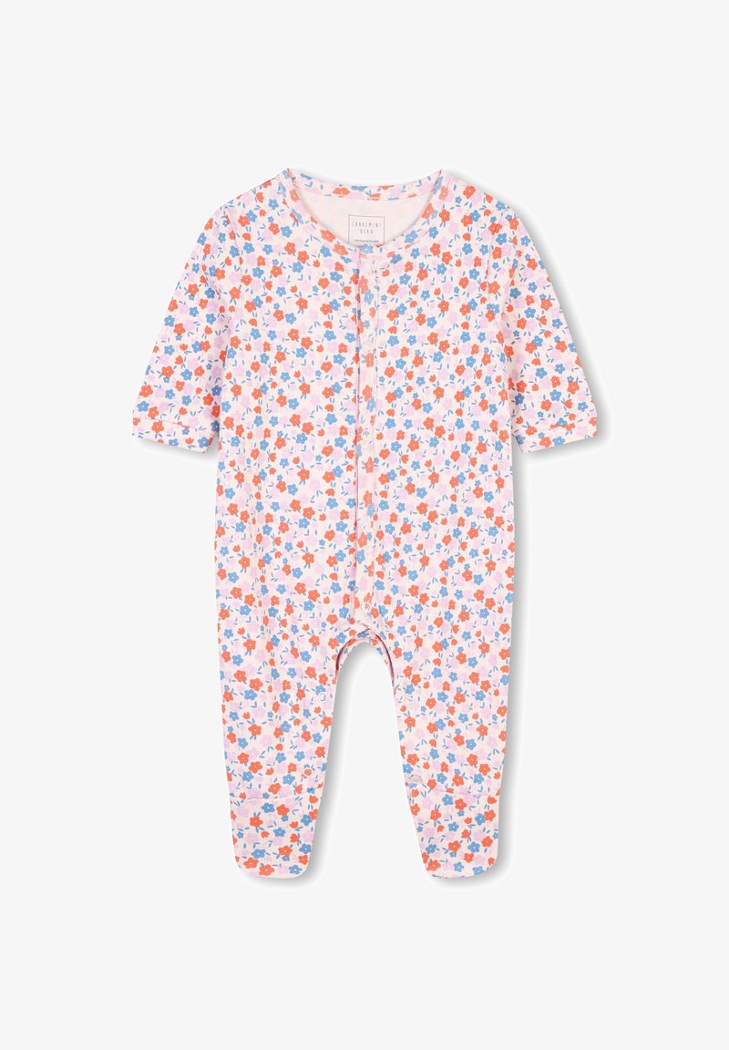 Une combinaison florale rose à manches courtes, ornée de petites fleurs rouges et bleues sur un fond clair, avec une fermeture à pression sur le devant.