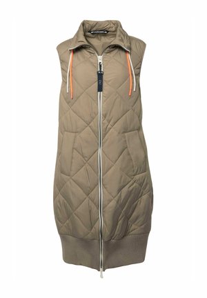 Gilet trapuntato senza maniche in khaki chiaro con zip frontale, tasche laterali e orlo a costine. Presenta corde di contrasto arancioni sul colletto.
