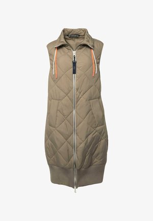 Mit einem hellkhakifarbenen, gesteppte ärmellose Weste, Frontreißverschluss, seitlichen Taschen und geripptem Saum. Verfügt über kontrastierende orangefarbene Kordeln am Kragen.