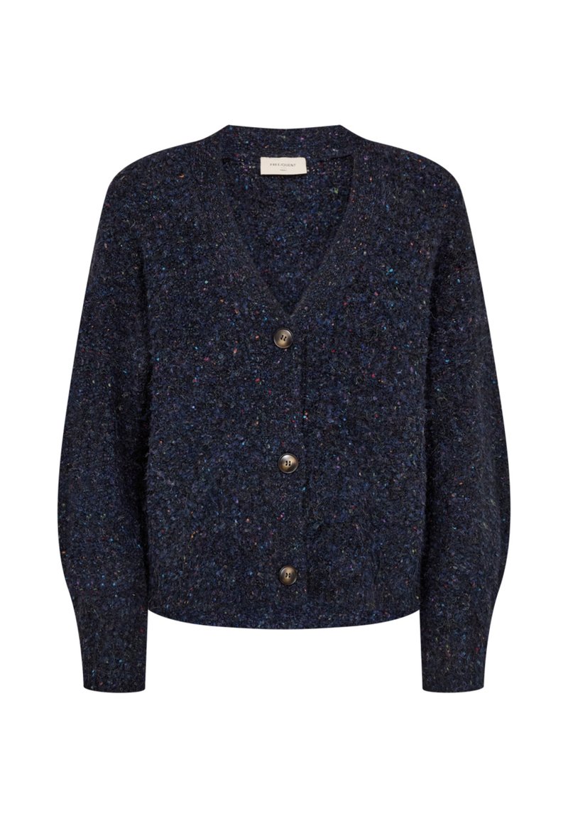 Donkerblauwe gespikkelde gebreide cardigan met lange mouwen, V-hals en drie zwarte knopen aan de voorkant.