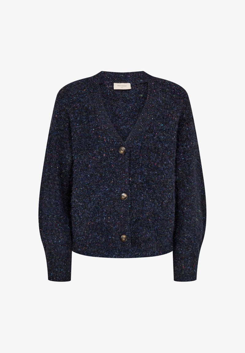 Donkerblauwe gespikkelde gebreide cardigan met lange mouwen, V-hals en drie zwarte knopen aan de voorkant.