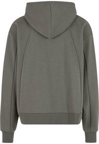Hooded sweatshirt in soft, gray cotton blend. Features a relaxed fit, raglan sleeves, and ribbed cuffs and hem. Simple design, no patterns.