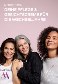 Three women with varied hairstyles, wearing a white shirt, pinstriped blazer, and gray sweatshirt, smile against a pink background.