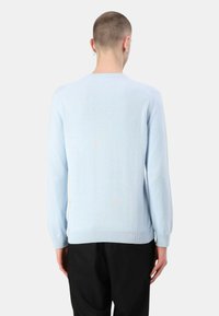 Helles blaues Strickpullover mit langen Ärmeln, rundem Halsausschnitt sowie gerippten Bündchen und Saum. Weicher Stoff, entworfen für einen lässigen Sitz.