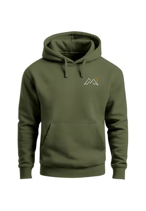 Olivgrüner Hoodie mit einer Fronttasche, Kordelzug am Kapuzen und einem weißen und orangefarbenen Berg-Logo auf der Brust. Aus Baumwollmischung, mit glatter Textur.