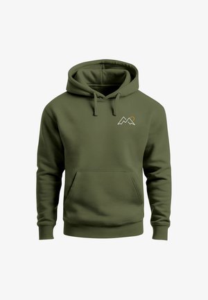 Olive green hoodie with a front pocket, drawstring hood, and a white and orange mountain logo on the chest. Cotton blend material, smooth texture.