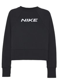 Sudadera corta de manga larga negra con el texto blanco "NIKE" en el pecho, cuello redondo y puños acanalados.