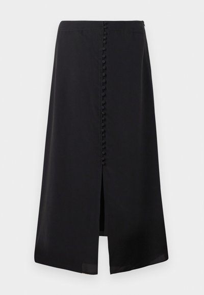 Mustast midi-seelikust, mis on valmistatud siledast kangast, millel on ees avaus ja rida väikeseid nuppe taga detailideks.