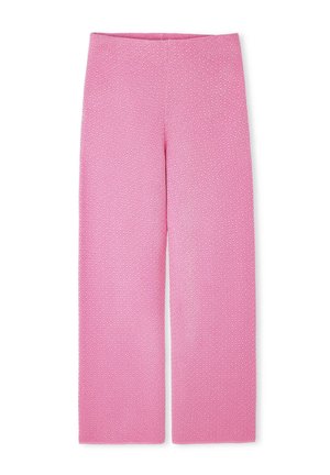 Rosa weit geschnittene Hosen aus einem strukturierten Gewebe mit einem Diamantmuster. Hergestellt aus einem leichten Stoff, verfügen sie über einen hohen Taillenbund.