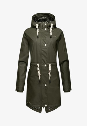 Olive roheline veekindel jakk kapuutsiga, nööridega vöökoht, ees nupud ja lilleline vooder. Omab pikki varrukaid ja taskuid.