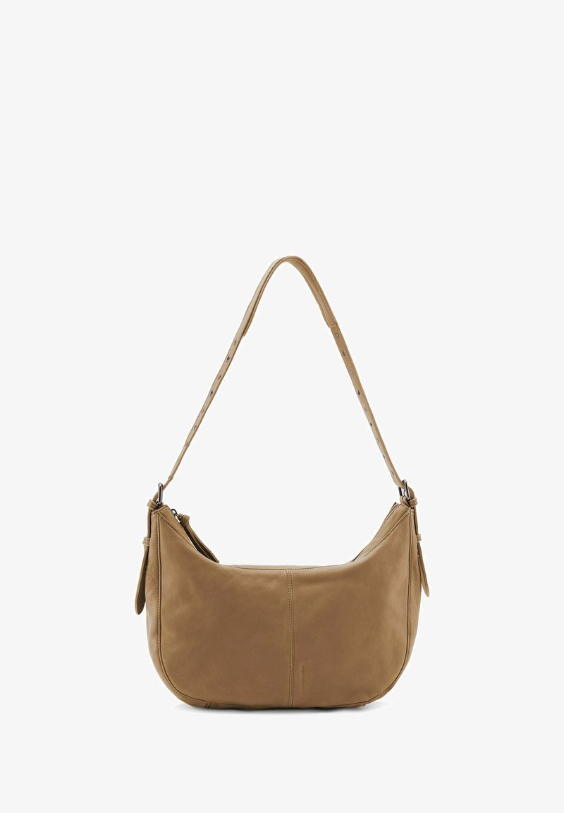 Borsa a spalla in pelle marrone con una forma curva, dotata di una sola tracolla regolabile e zip, con tasche laterali per una funzionalità extra.