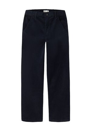 Pantalon en velours côtelé bleu marine foncé, coupe droite, avec poches avant, passants pour ceinture et fermeture par bouton.