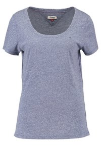 Blue heathered t-shirt made of cotton, featuring a scoop neckline, short sleeves, and a straight hem. Logo displayed on the chest.