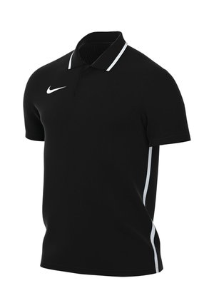 Sort Nike polo-shirt med hvide sidelister, hvidt logo på brystet og krave med hvid kant, vist på en ensfarvet hvid baggrund.