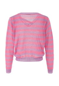 Pullover a righe rosa e lavanda con vestibilità ampia, maniche lunghe e scollatura a V. Realizzato in un materiale a maglia leggero e trasparente.