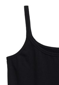 Czarny bawełniany top na ramiączkach z cienkimi paskami, okrągłym dekoltem i gładką fakturą. Projekt jest prosty, bez widocznych wzorów ani akcentów.