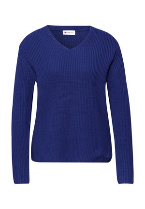 Blauwe gebreide trui met lange mouwen, V-hals en geribbelde textuur, met het label "Street One", weergegeven op een witte achtergrond.