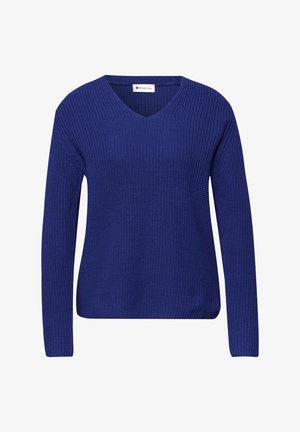 Pull bleu à manches longues en tricot avec col en V et texture côtelée, étiquette "Street One", présenté sur un fond blanc.