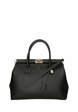 Borsa a mano in pelle nera con finitura texturizzata, manici superiori, tracolla rimovibile, hardware dorato e chiusura sicura con clasp.