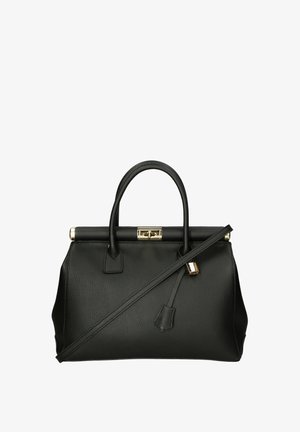 Borsa a mano in pelle nera con finitura texturizzata, manici superiori, tracolla rimovibile, hardware dorato e chiusura sicura con clasp.