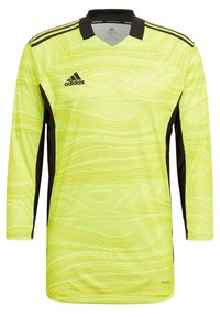 Yellow long-sleeve soccer jersey with black accents, featuring a wave pattern and Adidas logo on the front, made from breathable material.