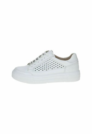 White athletic sneaker with a textured upper, featuring perforated design elements, flat laces, and a thick white rubber sole.
