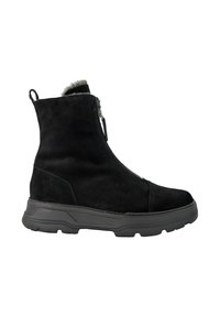 Botte de cheville en suède noir avec une finition texturée, fermeture éclair sur le côté et une épaisse semelle en caoutchouc noir pour l'adhérence. Doublure en polaire en haut.