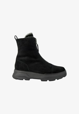 Schwarze Wildleder-Ankle-Boots mit strukturierter Oberfläche, seitlichem Reißverschluss und einer dicken schwarzen Gummisohle für besseren Halt. Fleece-Futter oben.