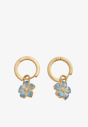 Zlate obroče s svetlo modrimi čarobnimi cvetovi. Cvetovi imajo teksturiran zaključek in osrednji zlati detajl, kar dodaja edinstven poudarek.