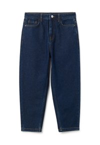 Vaqueros de mezclilla azul oscuro con corte recto, que cuentan con una cremallera de botones, cinco bolsillos y detalles de costura en naranja que contrastan.