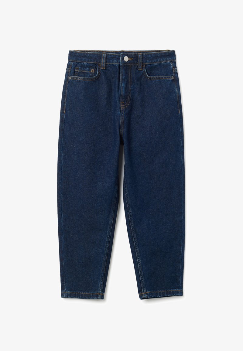 Vaqueros de mezclilla azul oscuro con corte recto, que cuentan con una cremallera de botones, cinco bolsillos y detalles de costura en naranja que contrastan.