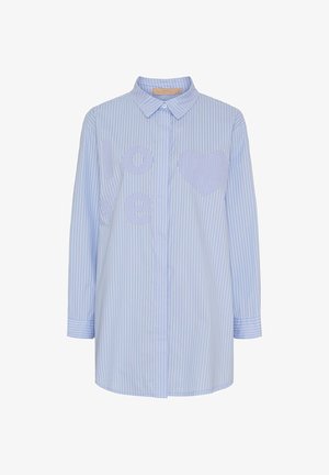 Lyseblå stribet skjorte med krave. Har et applikationsbroderi af teksten "love" og et stribet hjerte designet på forsiden. Lange ærmer.