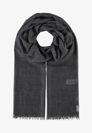 Sötét szürke sál, puha, könnyű anyagból. Fenyegetett élekkel és finom textúrával rendelkezik. Kerek formájú, lazán csavart stílusban.