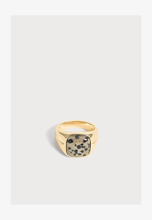 Goldener Ring mit einem quadratischen Dalmatiner-Jaspis-Stein mit schwarzen und grauen Flecken, gefasst in einem glatt polierten Band.